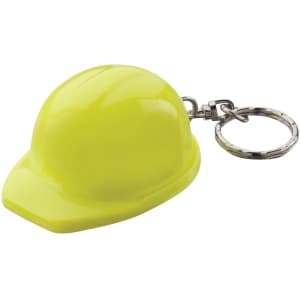 A yellow hard hat keyring with a silver keychain attachment. It has a shiny finish and a rounded design.