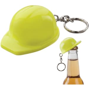 A yellow hard hat keyring featuring a shiny finish, attached to a keychain.