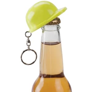 A bright yellow hard hat keyring sits atop a bottle, featuring a metal keyring attachment.