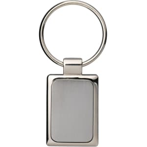 A rectangular silver keyring with a smooth, brushed metal surface and a circular ring for attaching keys.