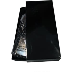 A rectangle keyring in a black box, featuring a sleek design. The packaging is glossy with a minimalist appearance.