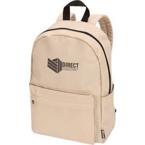 A beige laptop backpack with a front pocket and a logo, featuring padded shoulder straps and a zip closure.
