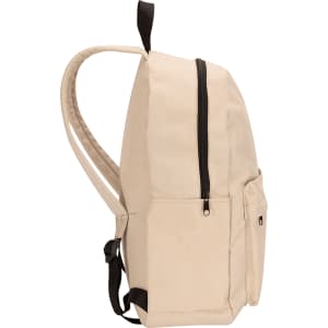 A beige laptop backpack with adjustable straps, a main zip compartment, and a front pocket. It features a logo.