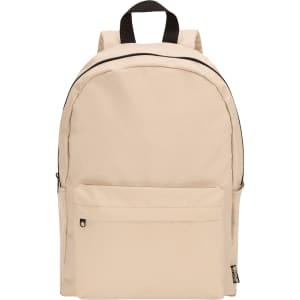 A beige laptop backpack with a front pocket, black zipper, and dual shoulder straps. It features a logo on the side.
