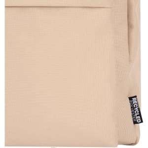 A beige laptop backpack made from recycled polyester, featuring a visible logo and a front pocket.