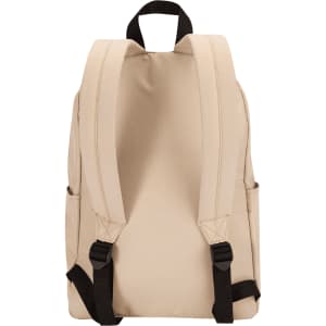 A beige laptop backpack with black straps and side pockets, featuring a simple design and a logo.