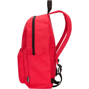A red laptop backpack with a zippered main compartment and adjustable straps, featuring side pockets and a logo.
