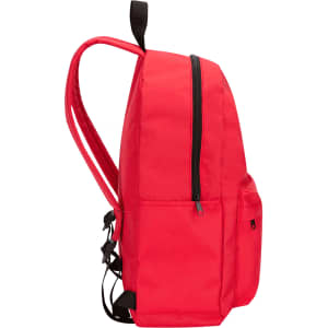 A bright red backpack with a zippered main compartment and side pockets, featuring adjustable straps and a logo.