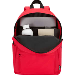 A red laptop backpack with a black interior, featuring a drink bottle, notebook, and a laptop compartment.