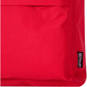 A red recycled fabric laptop backpack featuring a textured surface and a branding label.