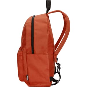 An orange laptop backpack with a zip closure and adjustable straps, featuring side pockets and a simple design.