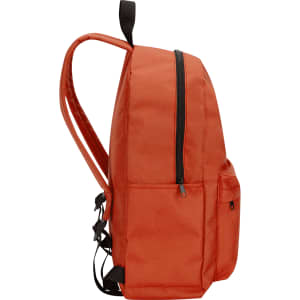An orange backpack with a zippered compartment and adjustable straps, featuring one side pocket.