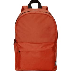 An orange backpack with a simple design, featuring a front pocket and adjustable straps. It has a logo on the side.