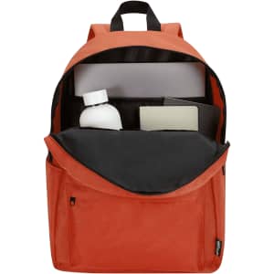 An orange laptop backpack with a spacious interior, containing a drink bottle, laptop sleeve, and notebook.