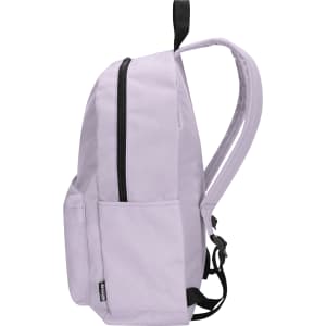 A pastel purple laptop backpack with two front pockets and adjustable straps, featuring a logo.
