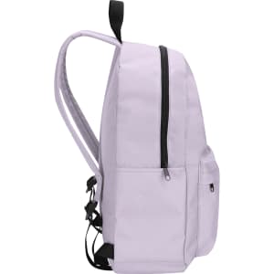 A light purple laptop backpack with a zipped main compartment and side pockets. It features adjustable straps and a logo.