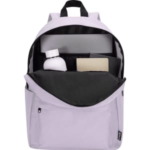 A light purple laptop backpack with a spacious interior, featuring a drink bottle and a notebook. Includes a logo detail.