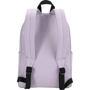 A lavender laptop backpack with black straps and side pockets, featuring a simple design and a logo.