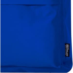 A blue laptop backpack made from recycled materials, featuring a front pocket and a label indicating its eco-friendly design.