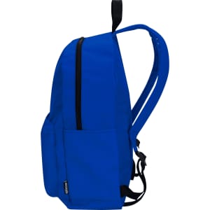 A blue laptop backpack with a zippered compartment and adjustable straps, featuring multiple side pockets.