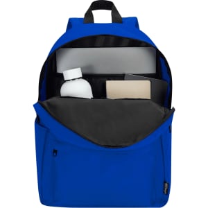 A blue laptop backpack featuring an open main compartment with a drink bottle, notebook, and laptop sleeve inside.