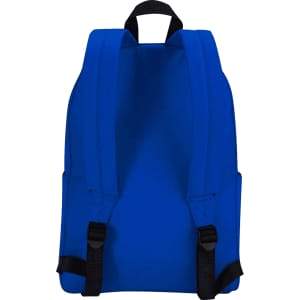 A blue laptop backpack with adjustable straps and side pockets, featuring a logo.