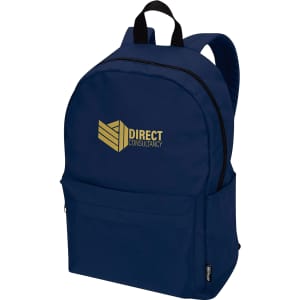 A navy blue laptop backpack with a logo, featuring a front zip pocket and adjustable straps.