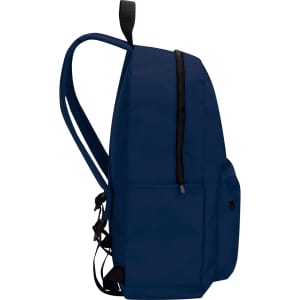 A navy laptop backpack features a sleek design, adjustable straps, and side pockets. It has a logo on it.