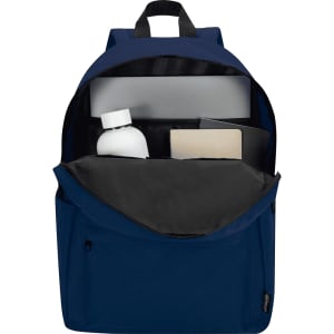 A navy blue laptop backpack with internal compartments for a drink bottle, notebook, and laptop. It features a logo.
