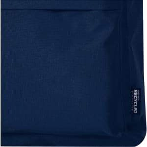 A navy blue backpack made from recycled materials, featuring a textured surface and a branding tag.