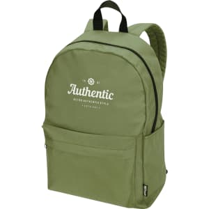 A green laptop backpack with padded straps and a front pocket, featuring a logo on the front.
