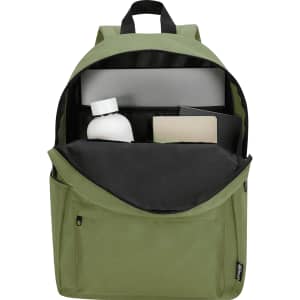 A green laptop backpack with a bottle, notebook, and laptop compartment visible inside. It features a logo.