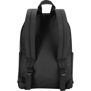 A black laptop backpack with adjustable straps and side pockets, featuring a logo on the front.