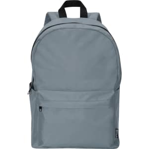 A grey laptop backpack with a front zip pocket and shoulder straps. It features branding on the front.