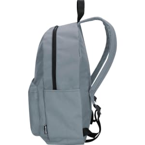 A grey laptop backpack with two side pockets and a zippered main compartment. It features adjustable shoulder straps.