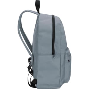 A grey laptop backpack featuring adjustable straps and side pockets. It has a main zippered compartment and a logo.