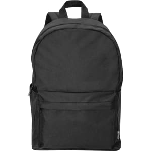 A black backpack with a rounded top, a front pocket, and adjustable straps, featuring a logo on the side.