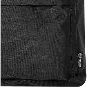 A black laptop backpack with a textured finish, featuring a side pocket and a logo branding.