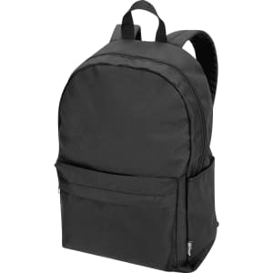 A black backpack with a rounded top, featuring a front pocket and dual shoulder straps. Includes a logo.