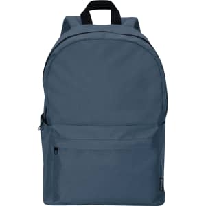 A dark blue laptop backpack with a simple design and front zip pocket, featuring shoulder straps and a top handle.