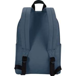 A backpack featuring a deep blue colour with adjustable straps and side pockets, displaying a logo on the back.