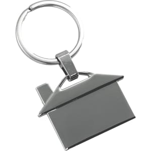 A house-shaped metal keyring in silver, featuring a simple design with a circular keyring attachment.