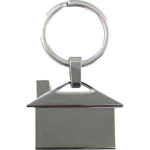 A house-shaped metal keyring in silver, featuring a keyring loop and a simple design.