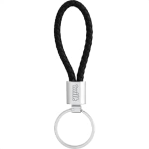 A black vegan leather twist key ring with a silver metal attachment and a circular ring.
