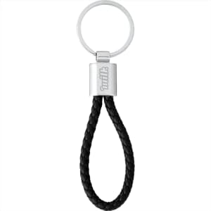 A black vegan leather twist key ring with a silver metal attachment and branding on the clasp.
