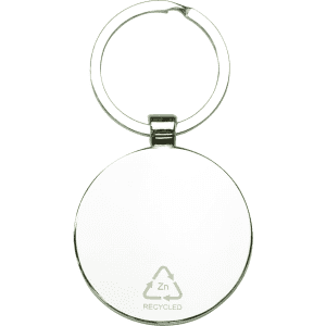 A circular keyring made from recycled zinc alloy with a shiny metal finish and a simple design.