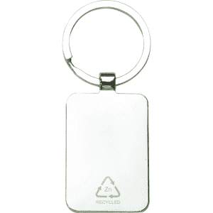 A rectangular recycled zinc alloy keyring with a sleek silver finish and a circular attachment loop.