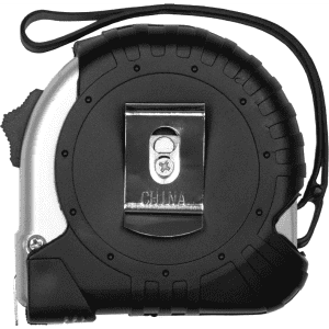 A black and silver Pro Locking Tape Measure with a clip and a retractable tape mechanism. It has a branding logo.
