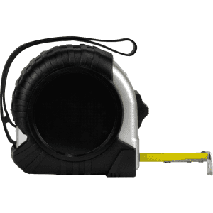 A black and silver Pro Locking Tape Measure with a yellow measuring tape extended. Features a textured grip and a lanyard.