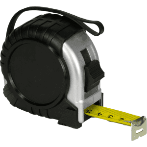 A black and silver Pro Locking Tape Measure with a yellow measuring tape extended. It features a logo on the body.